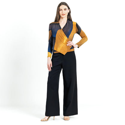 Long Sleeve Crossover Faux Wrap Top - Tan Watercolor - Final Sale! | Clara Sunwoo