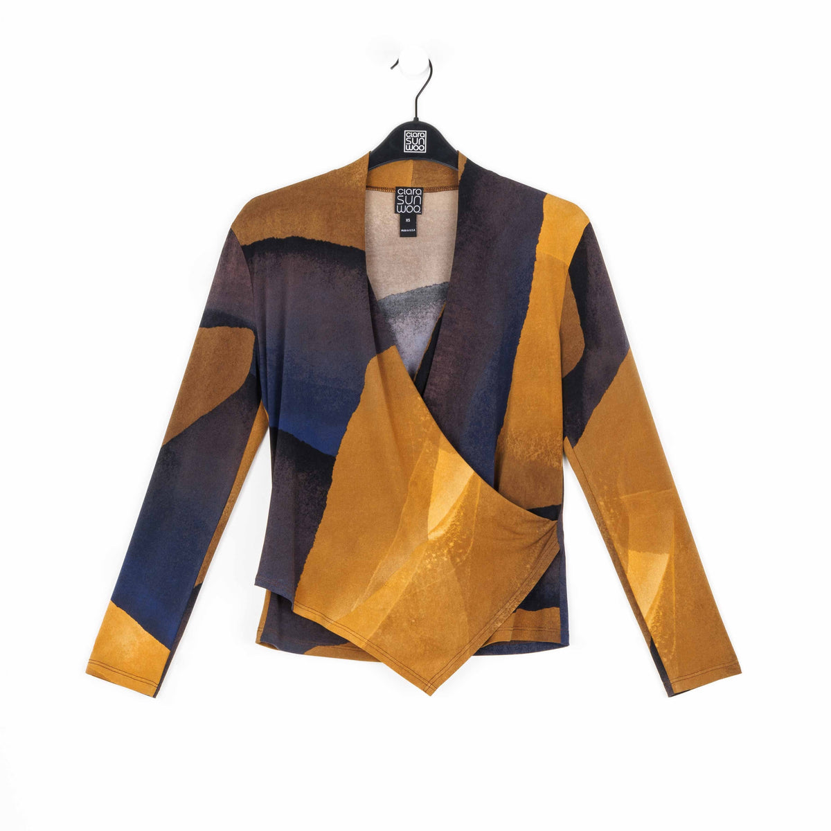 Long Sleeve Crossover Faux Wrap Top - Tan Watercolor - Final Sale! | Clara Sunwoo