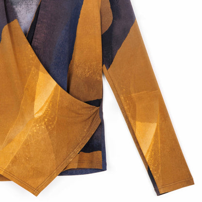 Long Sleeve Crossover Faux Wrap Top - Tan Watercolor - Final Sale! | Clara Sunwoo